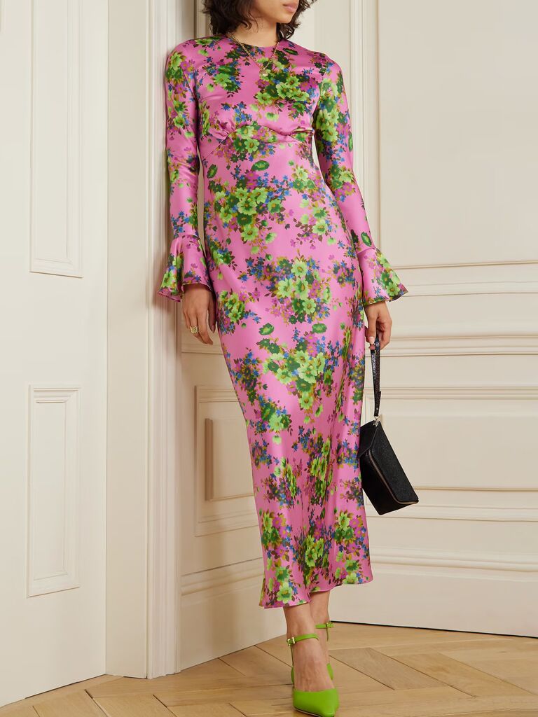 Les Rêveries pink and green long sleeve formal floral dress for wedding guests