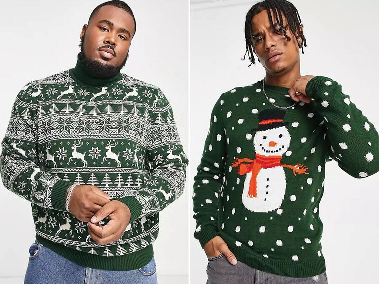 Coordinating green and white ugly Christmas sweaters for couple