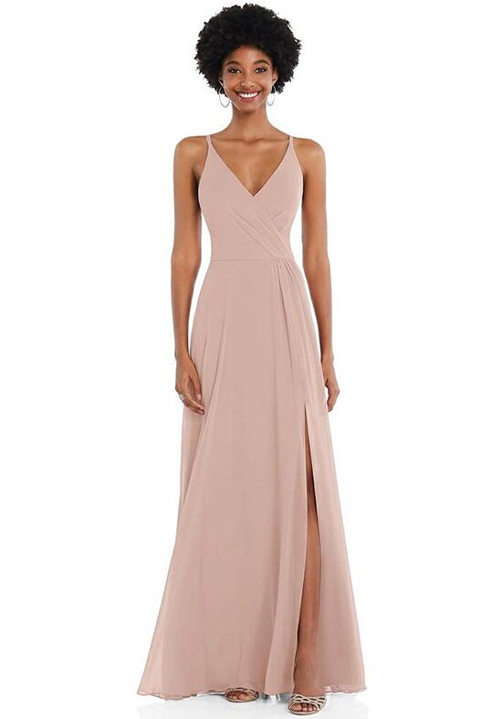 Dessy Group Faux Wrap Criss Cross Back Maxi Dress with Adjustable Straps - 1557 V-Neck Bridesmaid Dress - 1