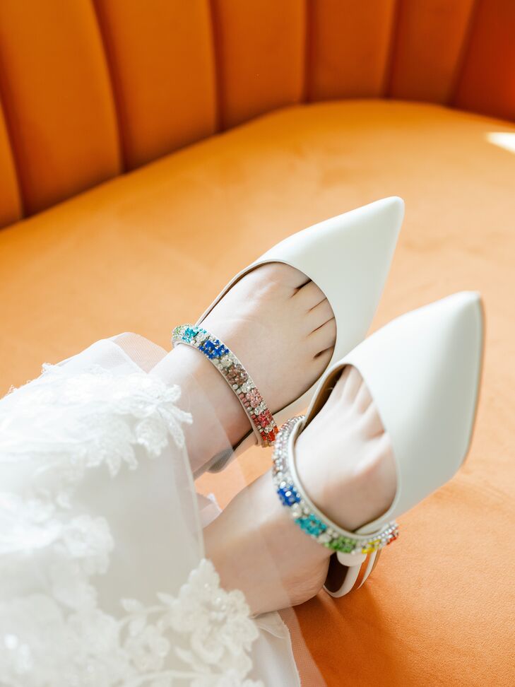 White Shoes With Rainbow Jewels