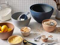 Sustainable bamboo mixing bowls on kitchen counter