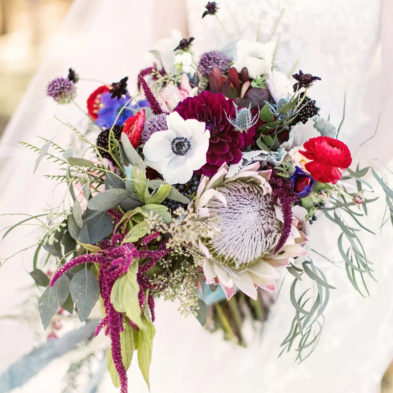 Protea and wildflower wedding bouquet