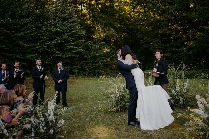 First Kiss at Outdoor Ceremony at Foxfire Mountain House in Tremper, New York
