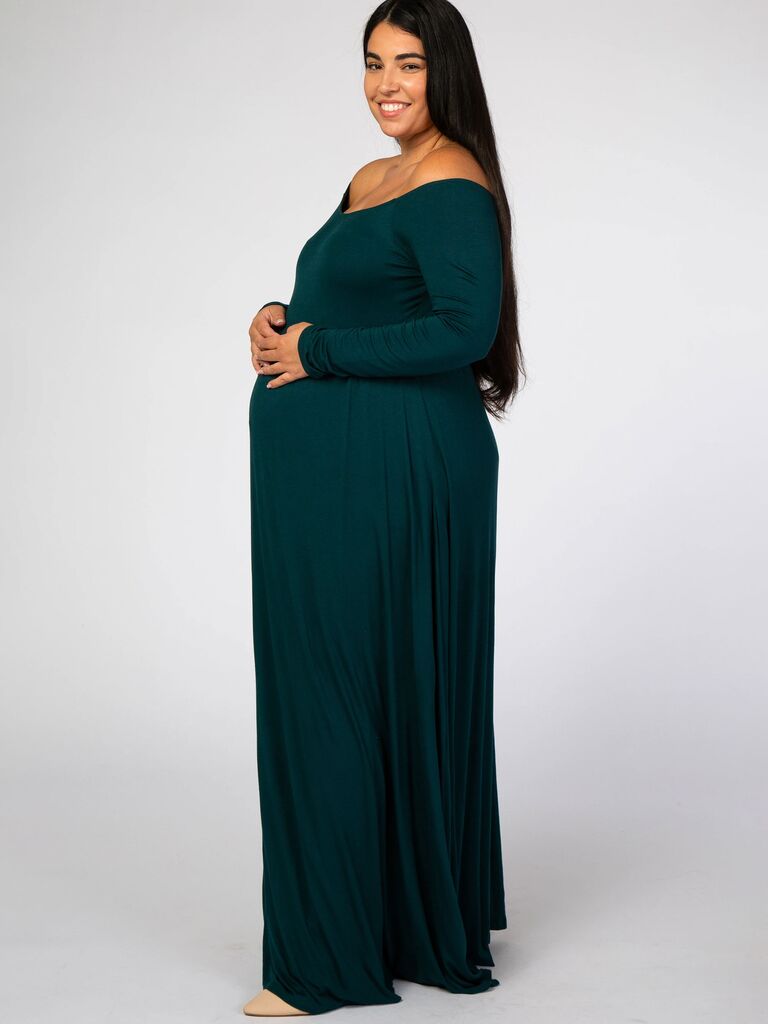 PinkBlish plus-size maternity gown for wedding guests with classy off-the-shoulder neckline and flowy maxi skirt