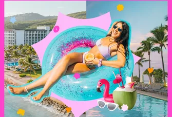 graphic collage featuring woman floating on an innner tube