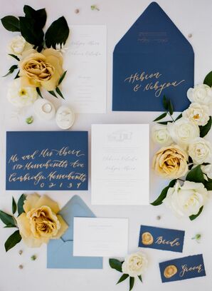 Navy-and-Gold Invitations for Wedding at The Ivory Oak in Wimberley, Texas