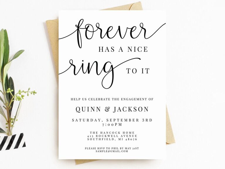 Black and white engagement party card reads Forever Has A Nice Ring To It