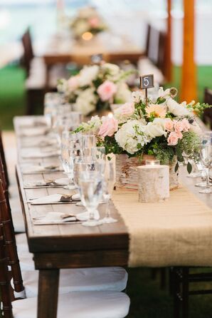 Wood Farm Tables with Burlap Runners