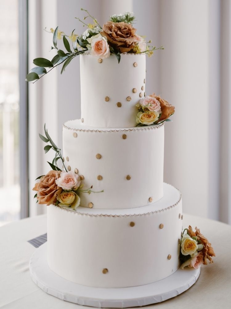 three-tier white wedding cake with gold dots
