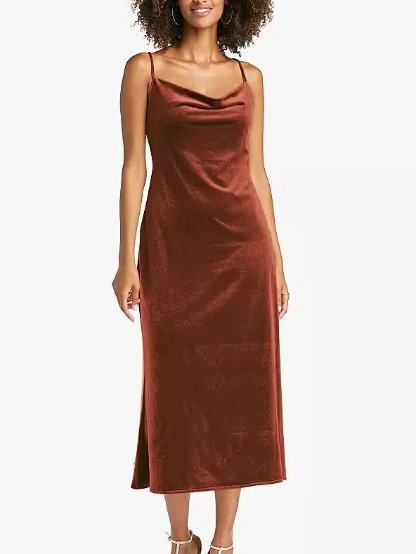 Auburn moon Cowl-Neck Convertible Velvet Midi Slip Bridesmaid Dress