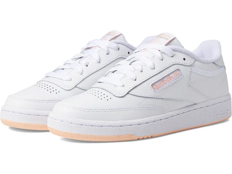 White Reebok Club C 85 tennis shoes for sporty bachelorette bride outfit