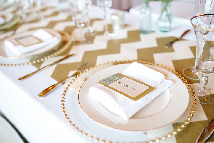 The dinnerware was accented in gold with whimsical chevron table runners and turquoise and pink accents.