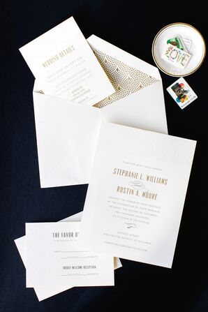 Minimal Invitation Suite with Gold Typography and Art Deco Envelope Design
