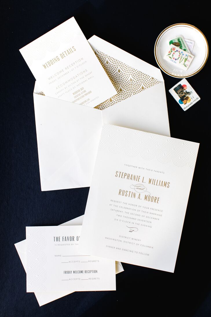 Minimal Invitation Suite with Gold Typography and Art Deco Envelope Design