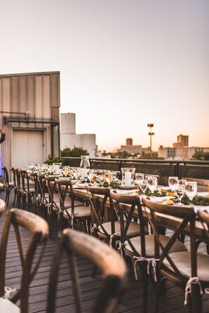 Rooftop Reception with Bohemian Chiavari Chairs and Farm Tables