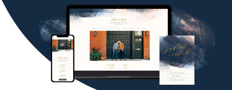 Blue Modern Brushstroke wedding website design on various devices with a matching invite card