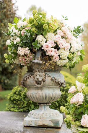 Pink and Green Arrangement with Hydrangeas and Roses