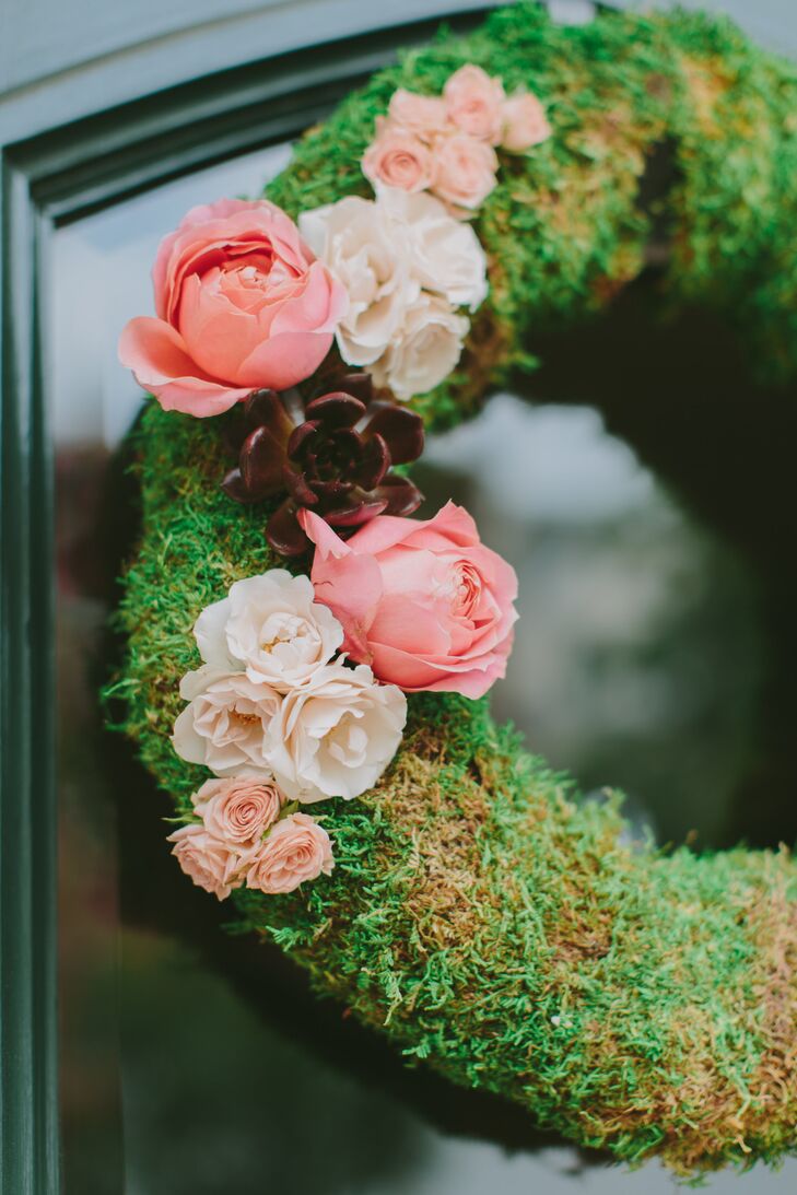 "We wanted the space to be welcoming and fresh, so we chose wreaths for the outside doors," Brittany says.