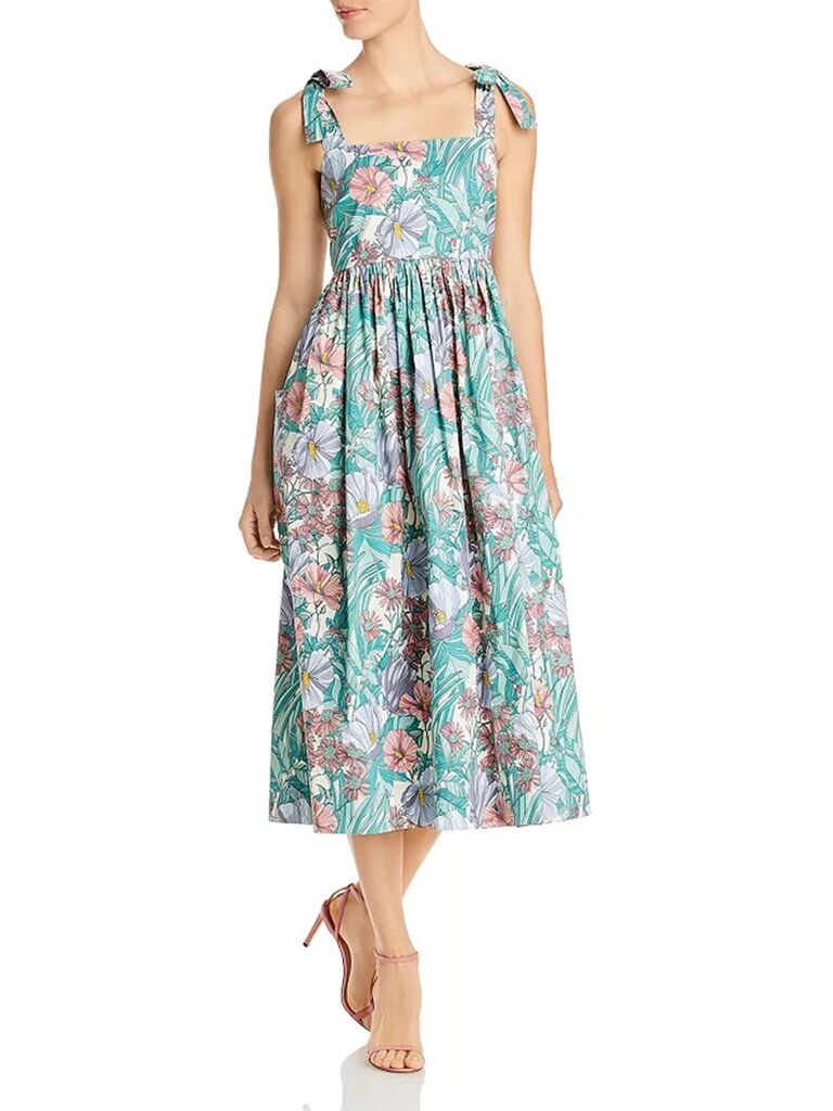 Midi dress with tie straps and tropical teal, white and pink floral design