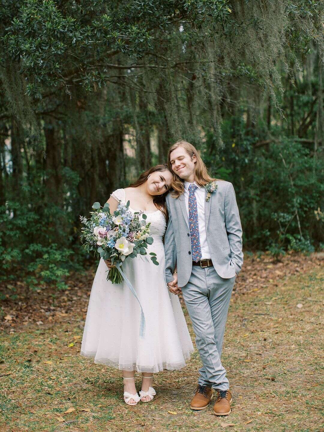 grey tea length wedding dress Smiling Couple, and Light Gray Suit for a Garden, Pastel Wedding Dress Rental