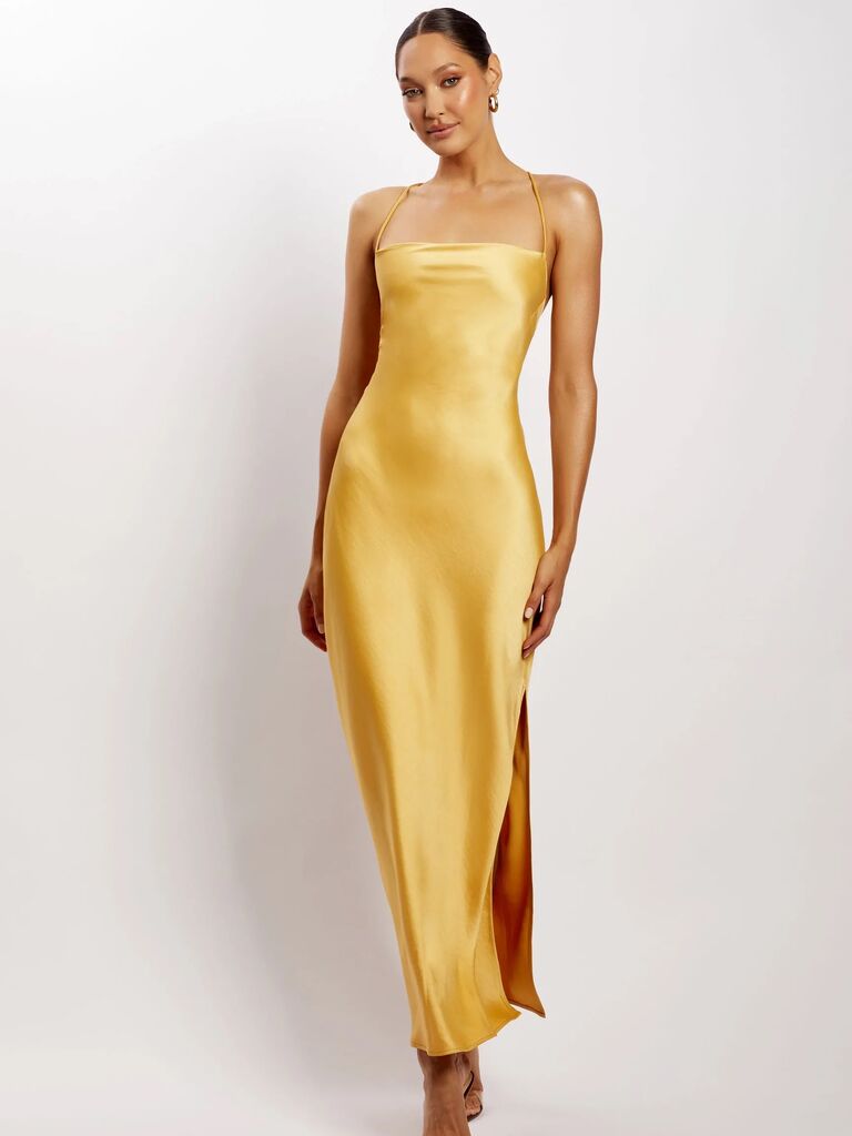 yellow silky wedding guest dress for spring and summer weddings