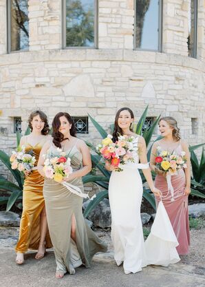 Bridesmaids in Colorful Dresses for Wedding at The Greenhouse at Driftwood in Austin, Texas