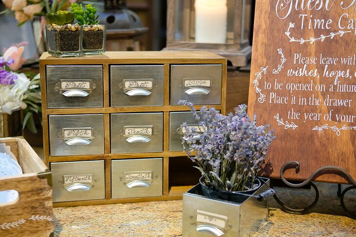 Guests were encouraged to leave well-wishes in old-fashioned note drawers as a time capsule for Mary and Joseph to revisit on their anniversary.