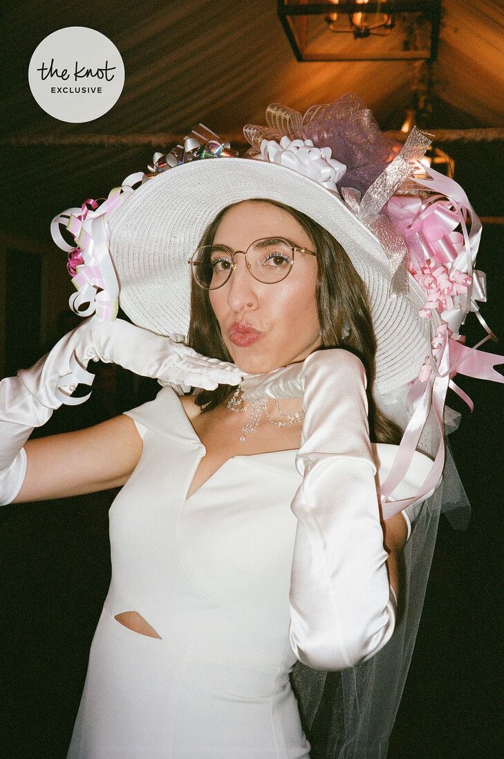 Bride Wearing Hat With Gift Ribbon for Rehearsal Dinner