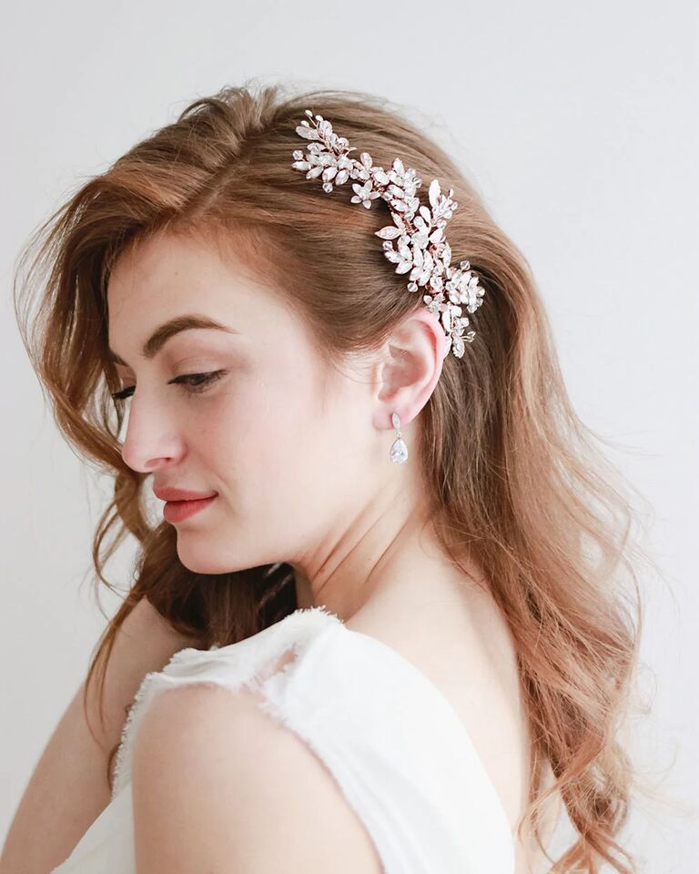 Hair comb with jeweled leaves, marquise and round gemstones and crystal beads