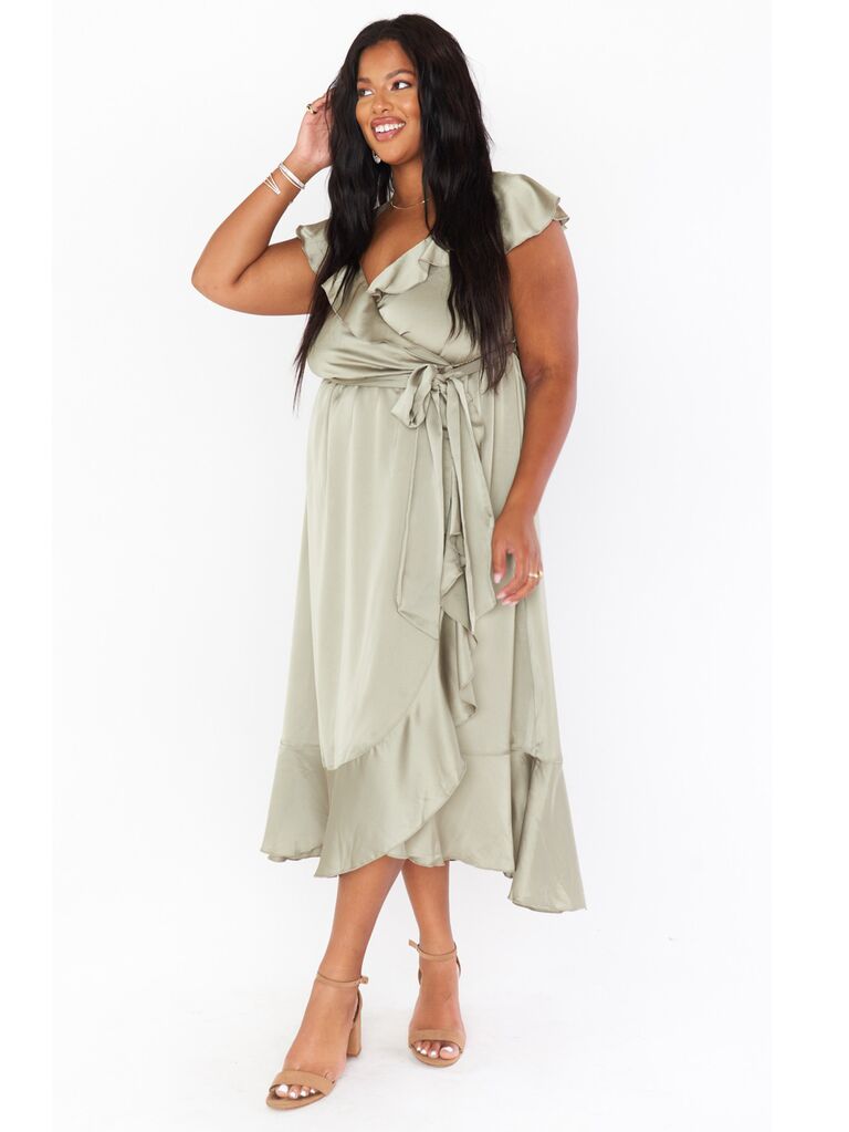 show me your mumu sage garden wedding bridesmaid dress in satin with ruffles