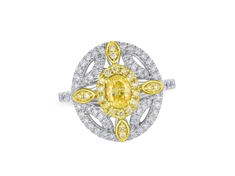 jared vivid yellow diamond engagement ring with oval yellow diamond center stone marquise diamond cross shaped sides and diamond encrusted oval and band