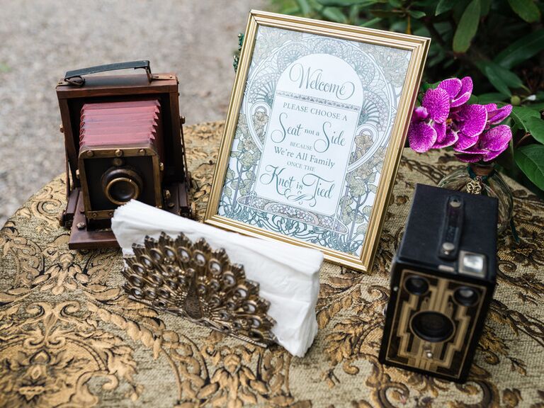 Vintage art decor decor vignette with antique cameras and signage
