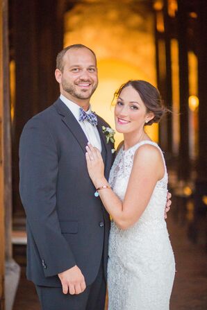 The Bride's Lace Dress and Updo and Groom's Plaid Bow Tie at Camp Lucy