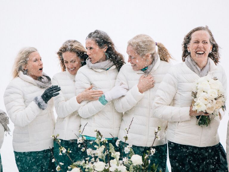 winter wedding ideas matching puffer jackets