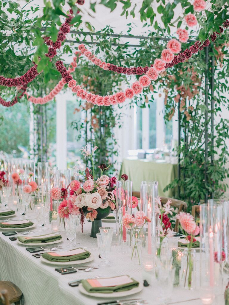 Beautiful greenery and florals at a small wedding reception. 