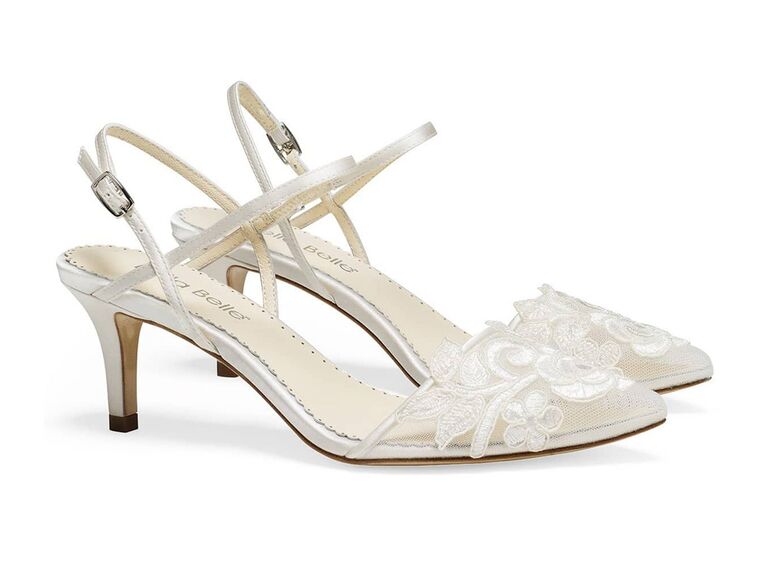 bella belle white lace wedding shoes with floral lace pointed toes and low heels