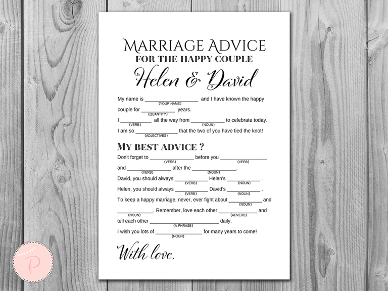Mad libs marriage advice card.