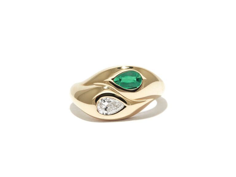 Teardrop emerald and diamond engagement ring by Ashley Zhang. 