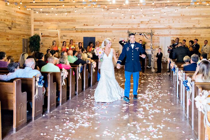Music played an important role in Samantha and Chris's ceremony. Since they met when they were 17 years old, Chris walked down the aisle to "17 Again" by Eurythmics. Then Samantha walked down the aisle to "A Thousand Years" by Christina Perri. Together, they walked up the aisle to "This Will Be (An Everlasting Love)" by Natalie Cole.