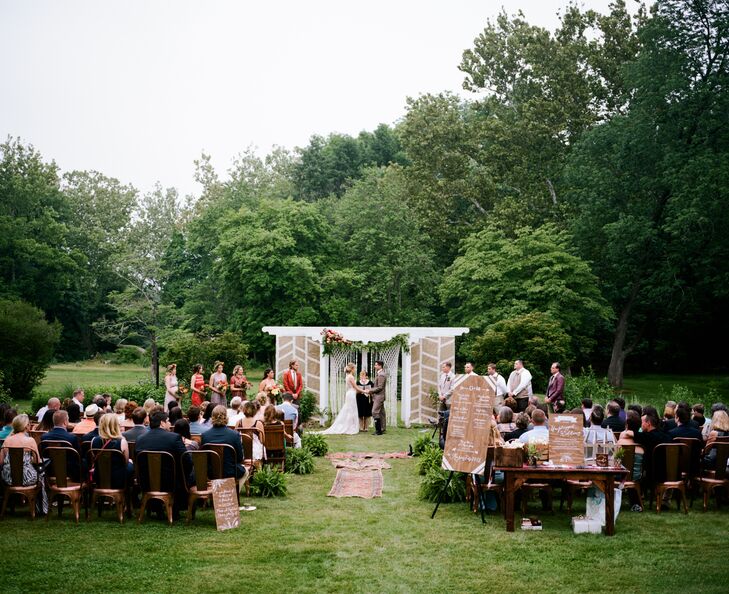 Their ceremony mixed personal memories with American Indian traditions. It all started with the readings. The couple included song lyrics from the first concert they attended, a Shel Silverstein poem and a reading of the poem “How Falling in Love Is Like Owning a Dog” by Gina’s father. “Everyone was in tears,” she says. To incorporate Mike’s Passamaquoddy heritage, they also had a handfasting ceremony using sweet grass and ribbon.