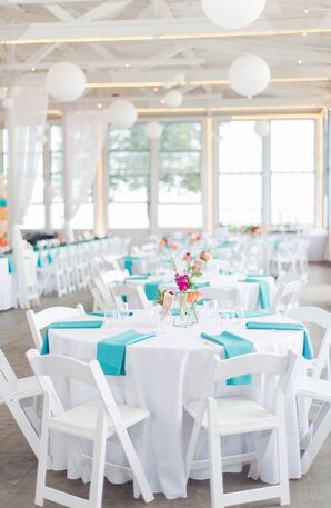 Teal-and-White Reception Decor at Lighthouse Point Park in New Haven, Connecticut