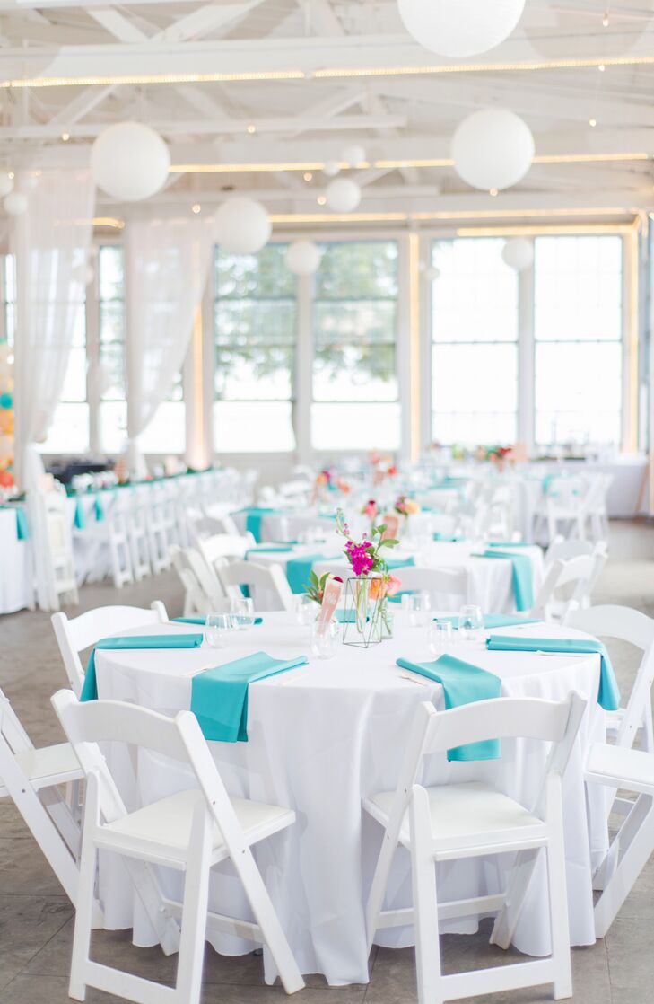 Teal-and-White Reception Decor at Lighthouse Point Park in New Haven, Connecticut