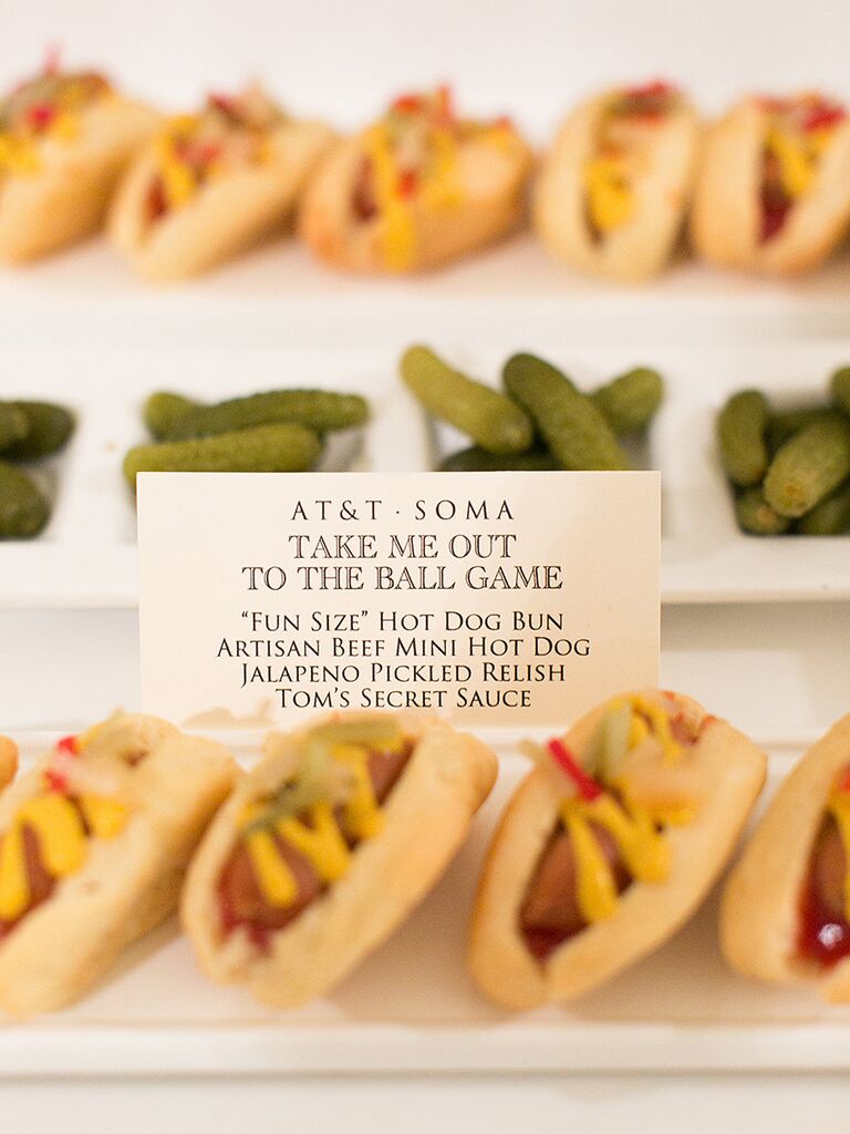 Mini hot dog and pickle wedding reception appetizer idea