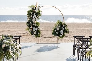Mexico Beach Ceremony Above the Sand, Gold Circle Arch, Tropical Greenery, White Flowers