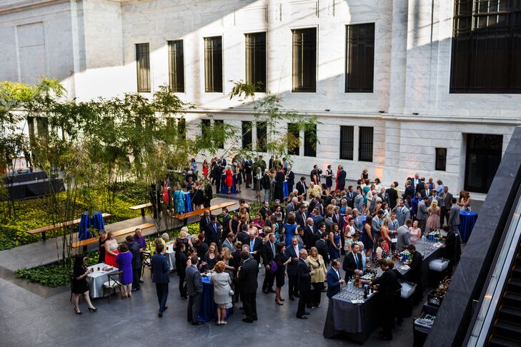 The cocktail hour took place inside the atrium, naturally light from the surrounding large windows. A collection of bamboo trees separated the cocktail hour space from the reception area.