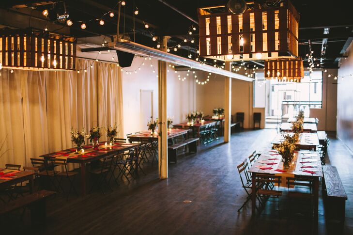 “We had our wedding in San Diego at a friend's awesome converted warehouse that's becoming one of the most popular venues in San Diego: Moniker,” Megan says. “We kept it casual: Lots of brick and wood. Shared tables. No assigned seating. Tee-pees. Hanging lights and marquee signs. And, of course, great reclaimed furnishings (and tee pees) from a local group called Pow Wow.”