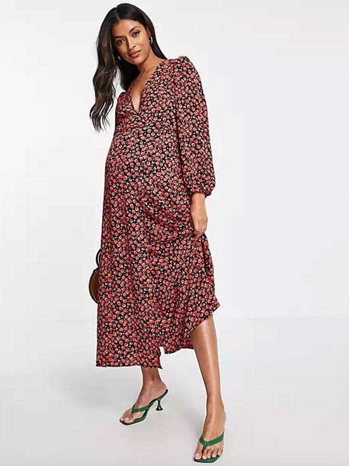 Dark red floral print maternity wedding guest dress for fall
