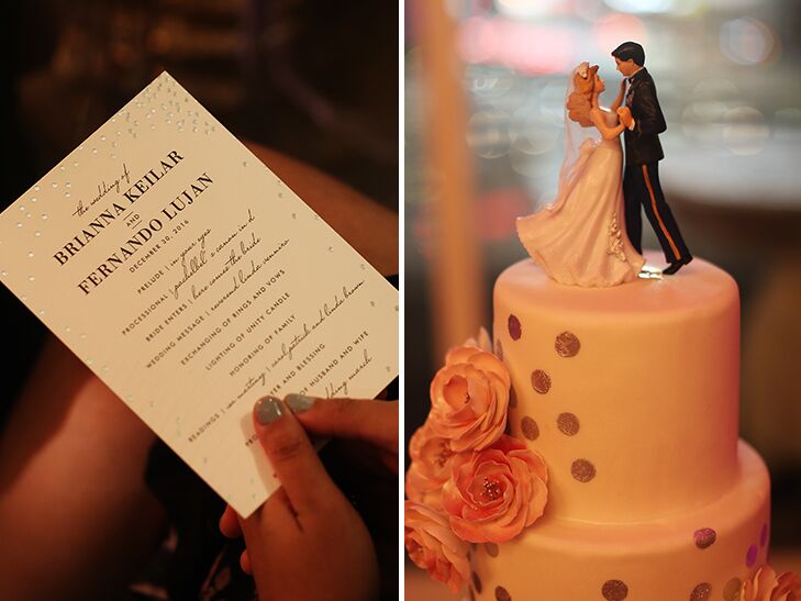 wedding invitation and cake with silver dots and pink flowers