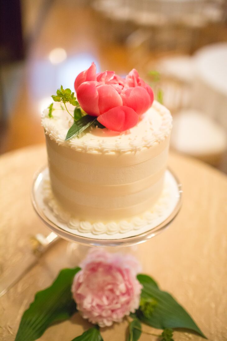 The couple opted for a small cutting cake and an ice cream sundae bar with hot fudge, miniature brownies, cookies and whipped cream.