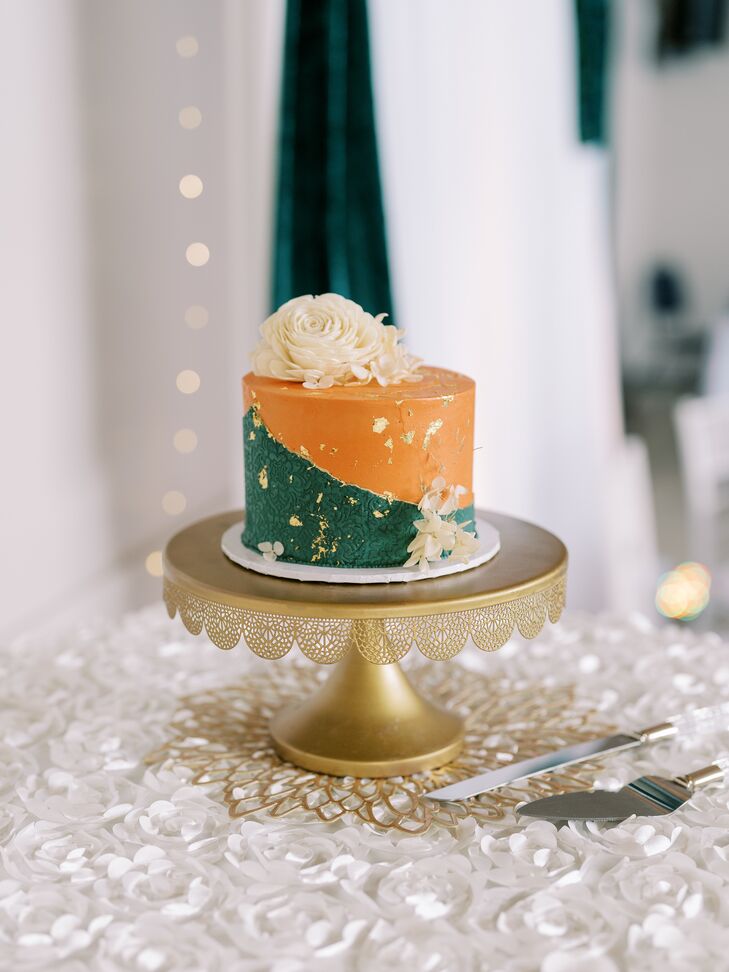Teal-and-Orange Cake on Gold Cake Stand